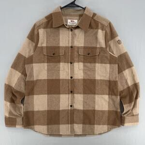FjallRaven Canada Shirt Womens XL Tan/Brown Plaid Flannel Comfort Fit Wool Blend
